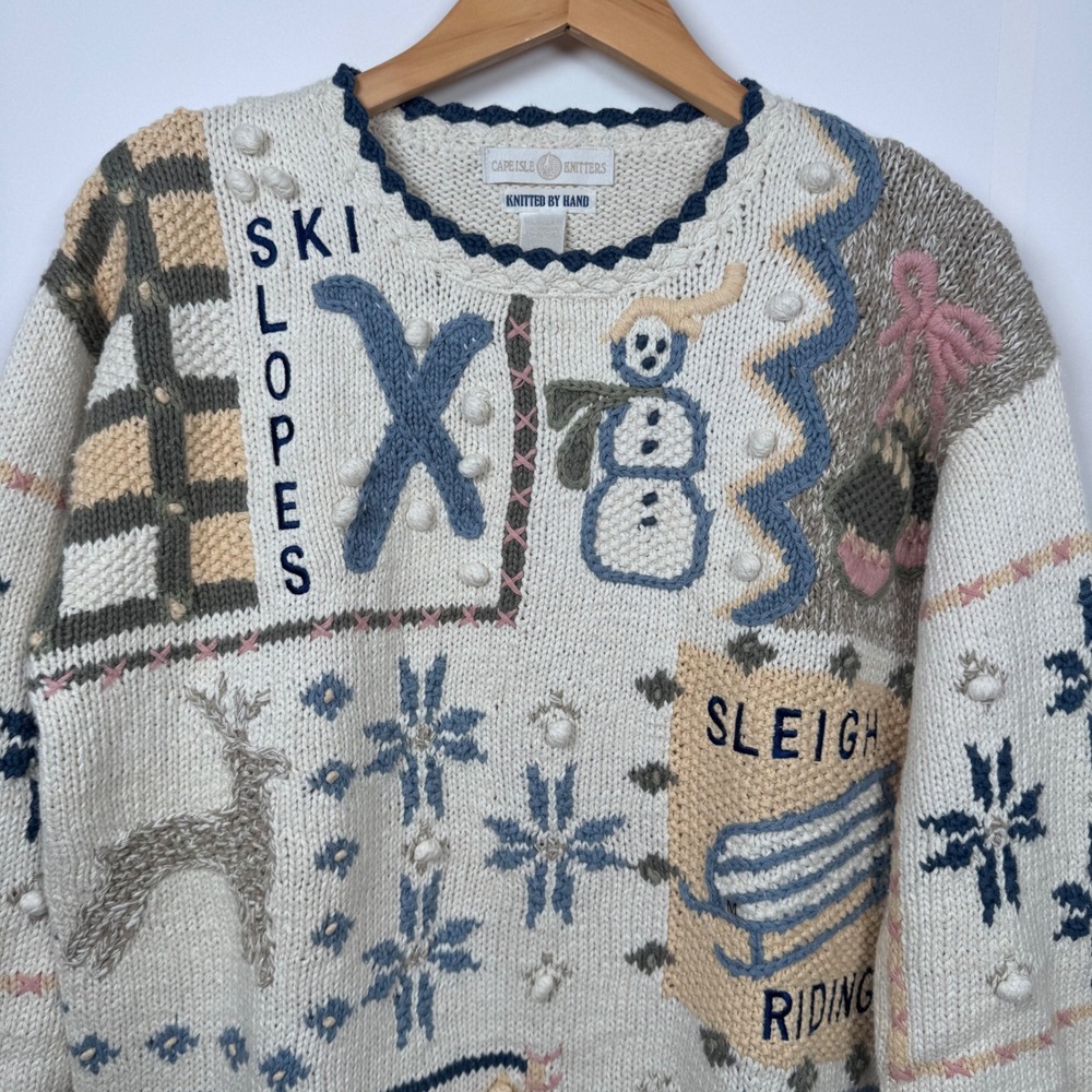 Cape Isle Knitters Sweater Womens M Ivory Hand Knit Grandma Snowmen Festive VTG - Picture 6 of 16
